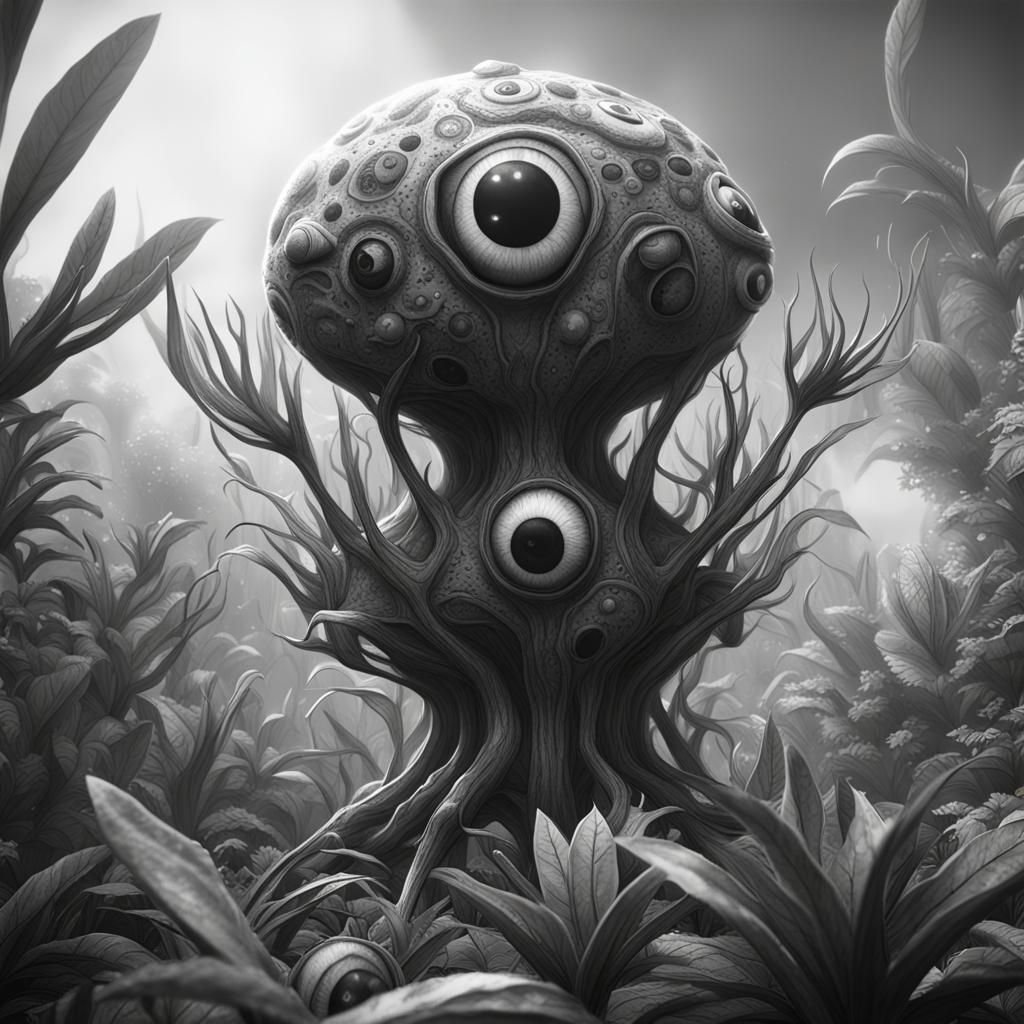 Alien Plant with Human Eyes: Ink Drawing