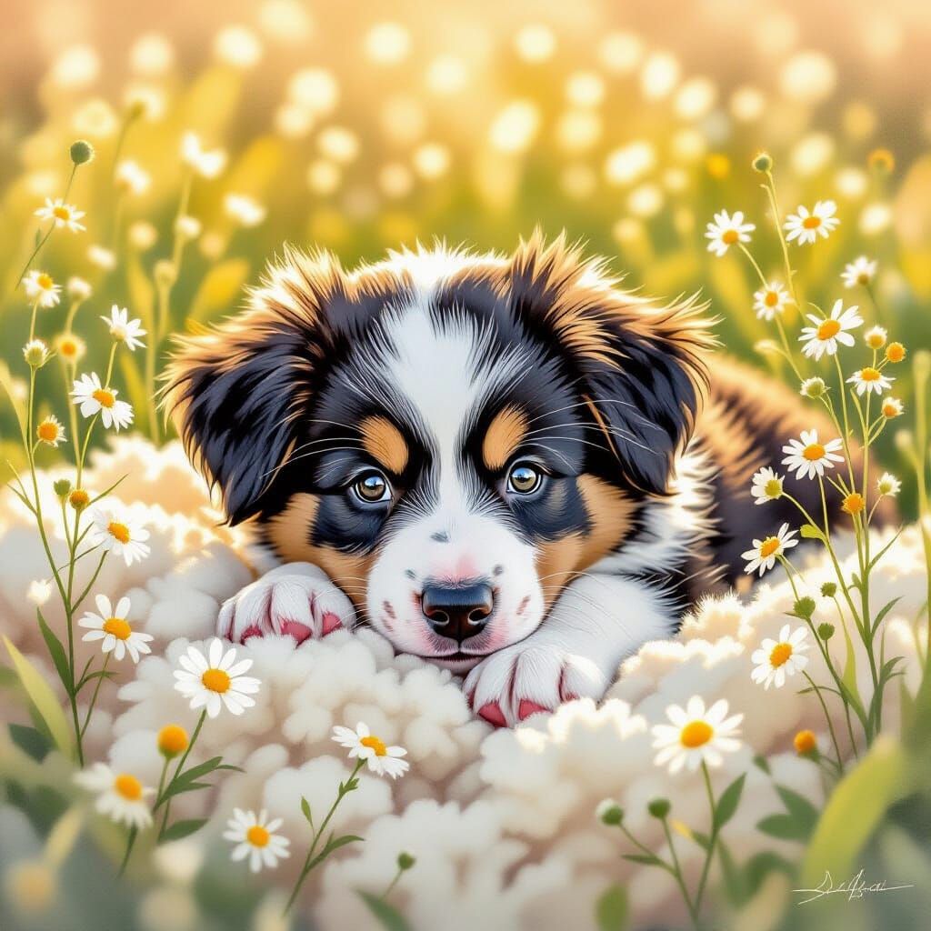 Border Collie Puppy in Wildflower Meadow, Watercolor Style