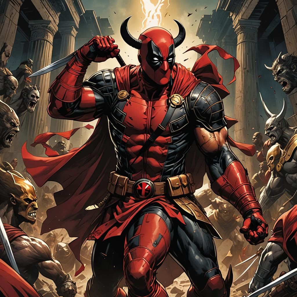 Deadpool Taunts Minotaur in Comic Book Art
