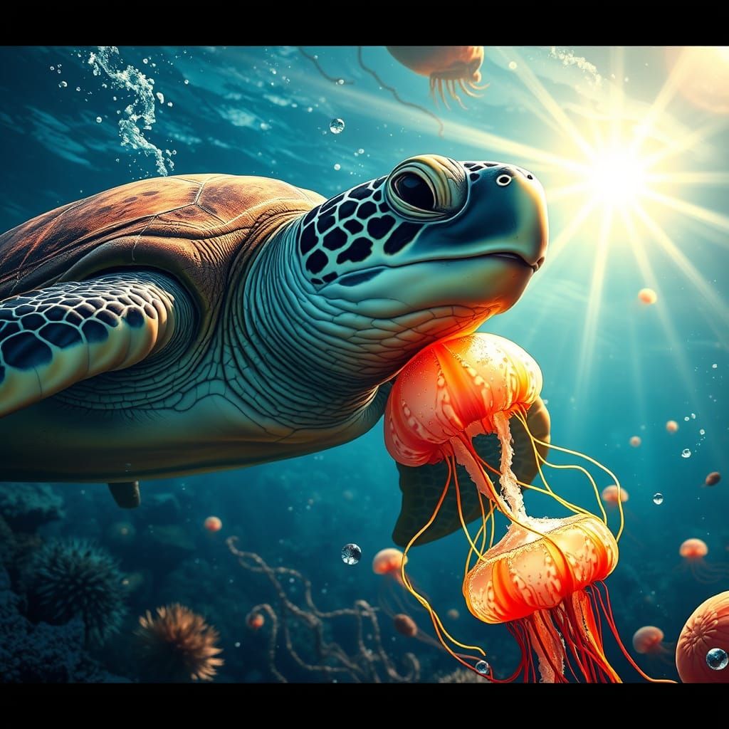sea turtle in natural habitat snacking on jellyfish, sunligh...