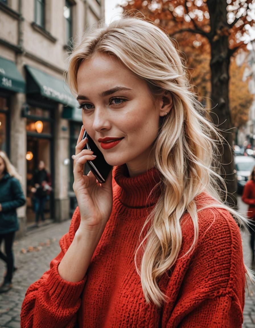 Blonde Girl in Red Sweater Talking on Phone