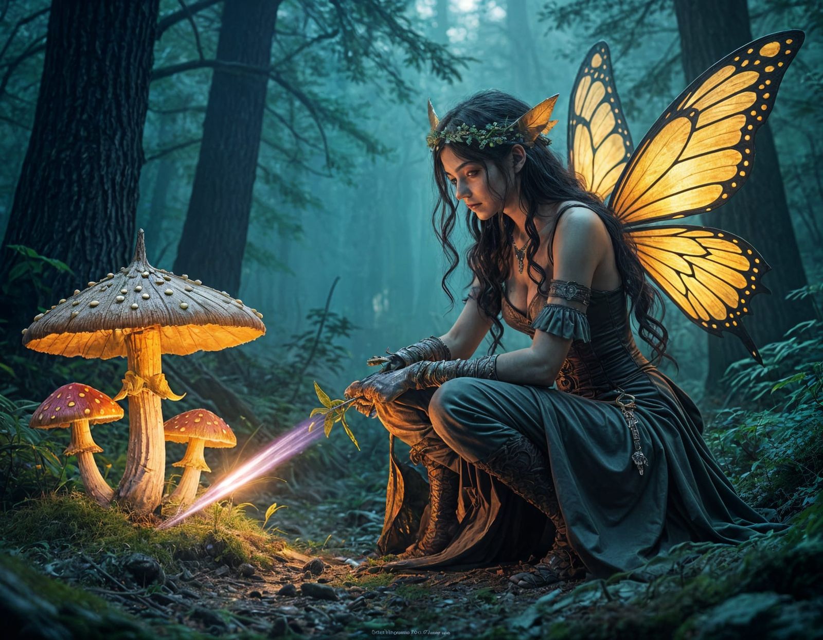 Steampunk Fairy Dancing in Dark Forest