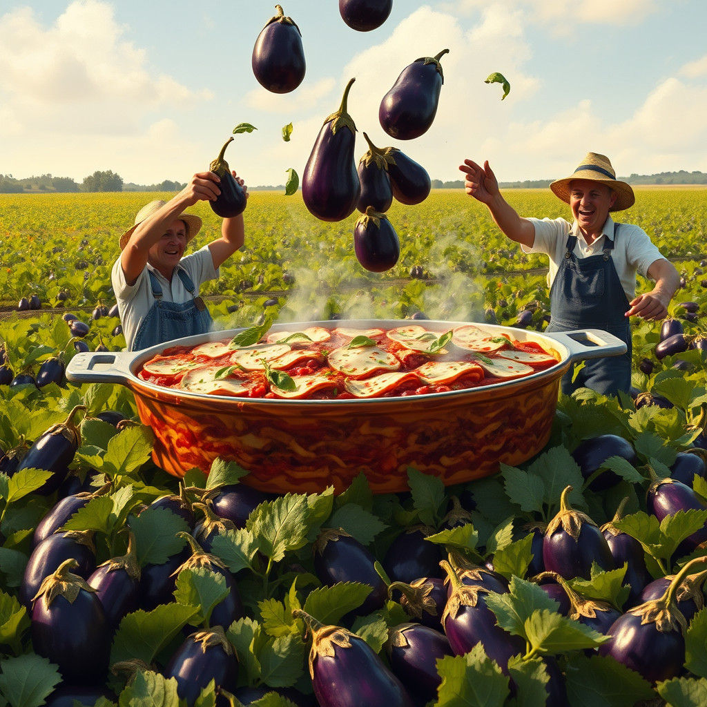 Lasagna Casserole in Eggplant Field, Impressionistic Style