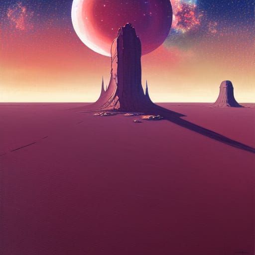 Desert Monoliths Under Nebula Sky, Digital Illustration