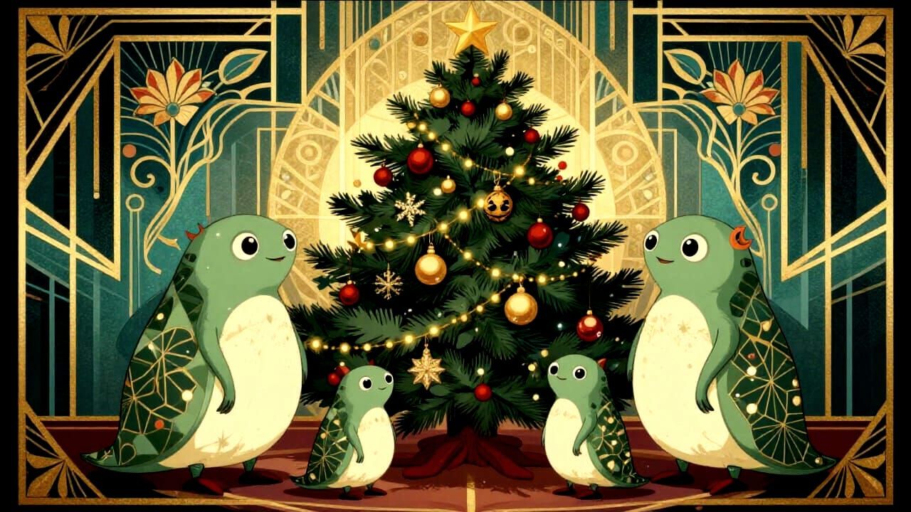 Whimsical Tardigrade Family at Art Deco Christmas Tree