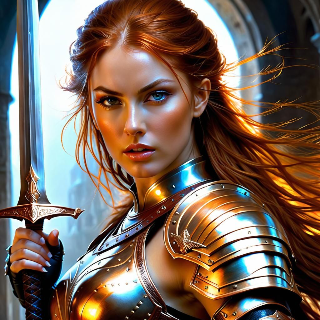 Warrior Woman with Eldritch Sword: Hyperrealistic Painting