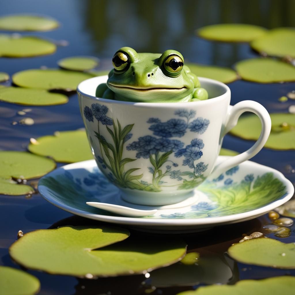 Fluffy Frog in Teacup, Majolica Style