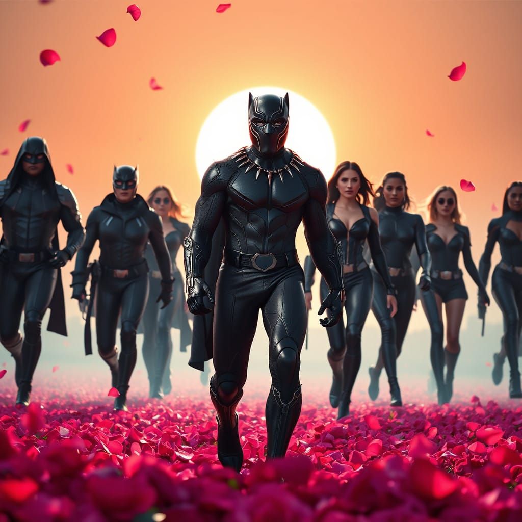 Black Panther Surrounded by Heroes in Vibrant Rose Petal Fie...