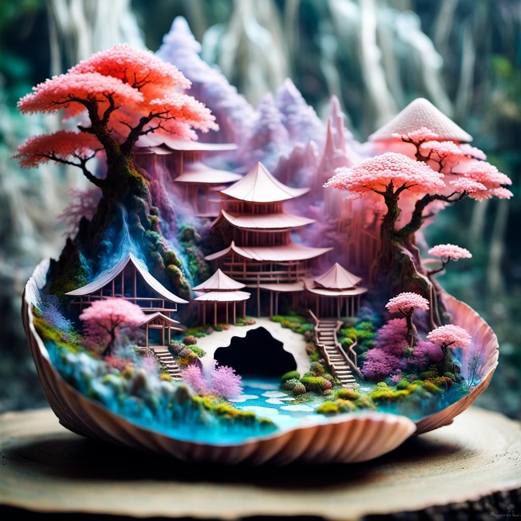 Mystical Fairy Village Diorama in Seashell