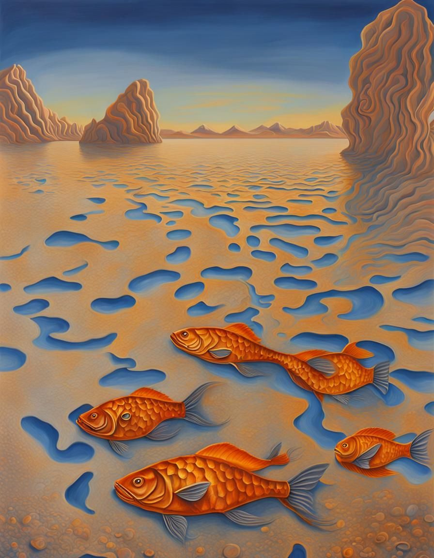 Surreal Oil Painting of a Desiccated Lake with Struggling Fi...