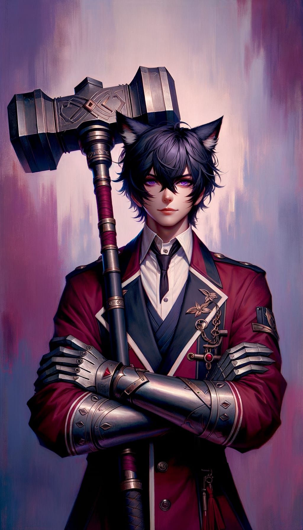 Catboy Spellblade with Steel Greathammer on Violet Backdrop