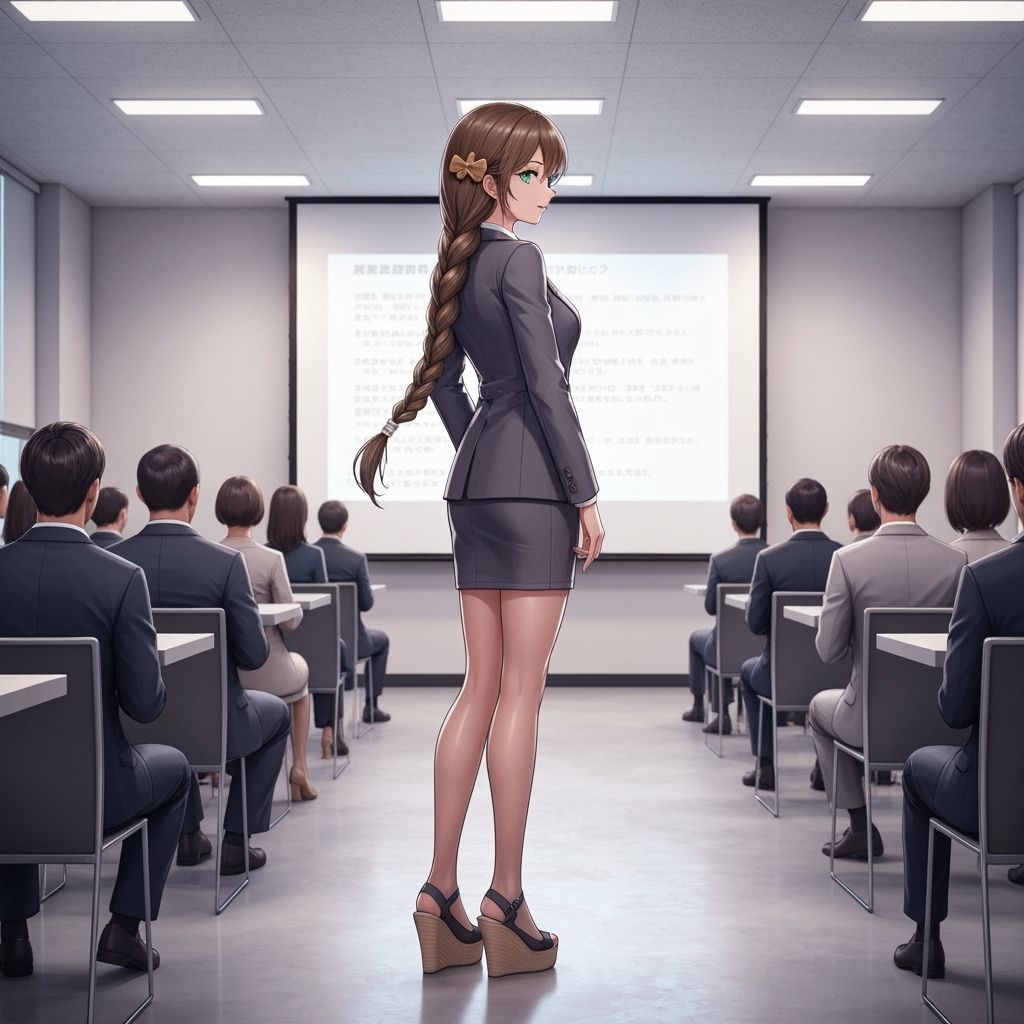 Japanese Woman Presents in Modern Office Watercolor Style