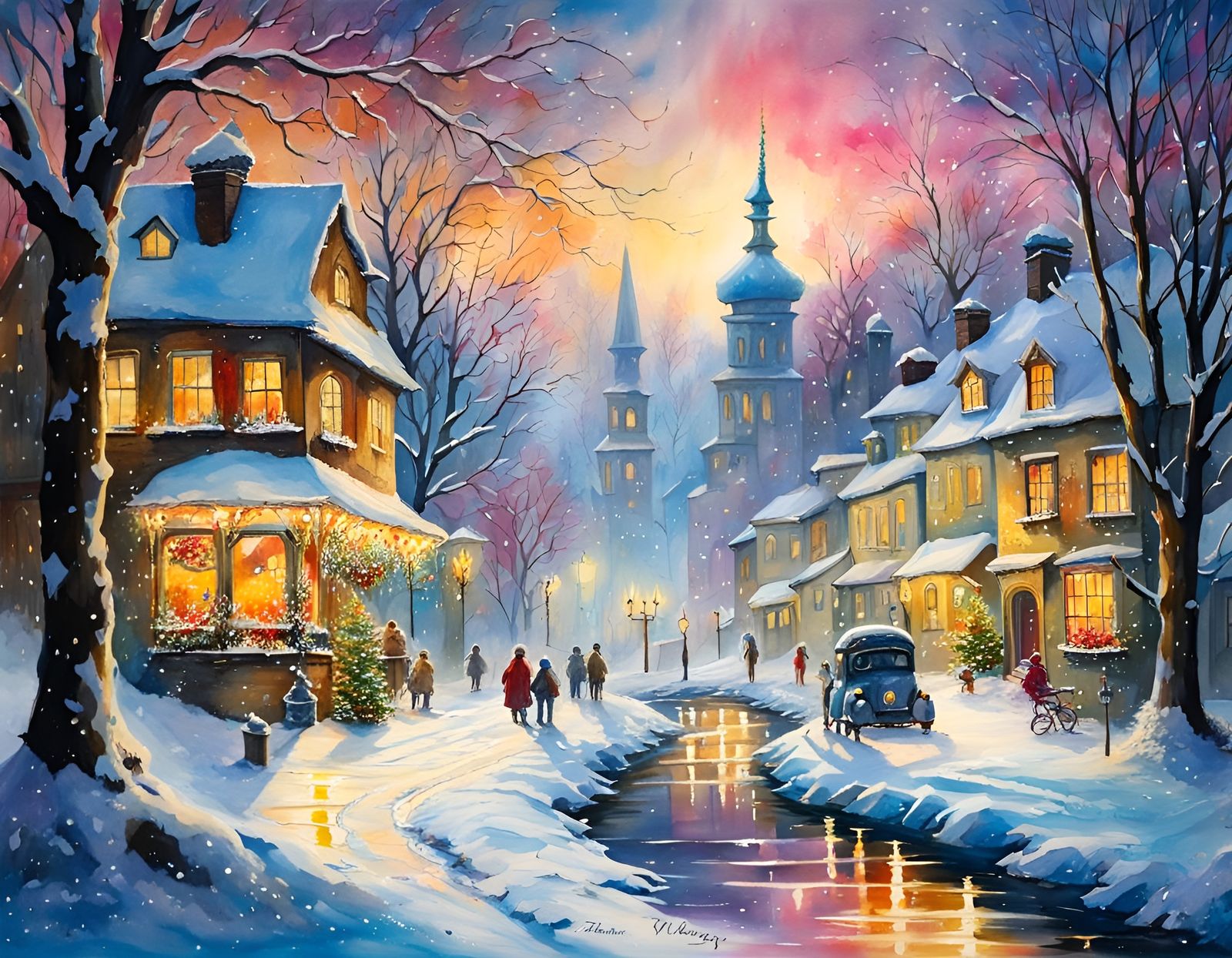 Winter Christmas Scene in Splashy Watercolour Style