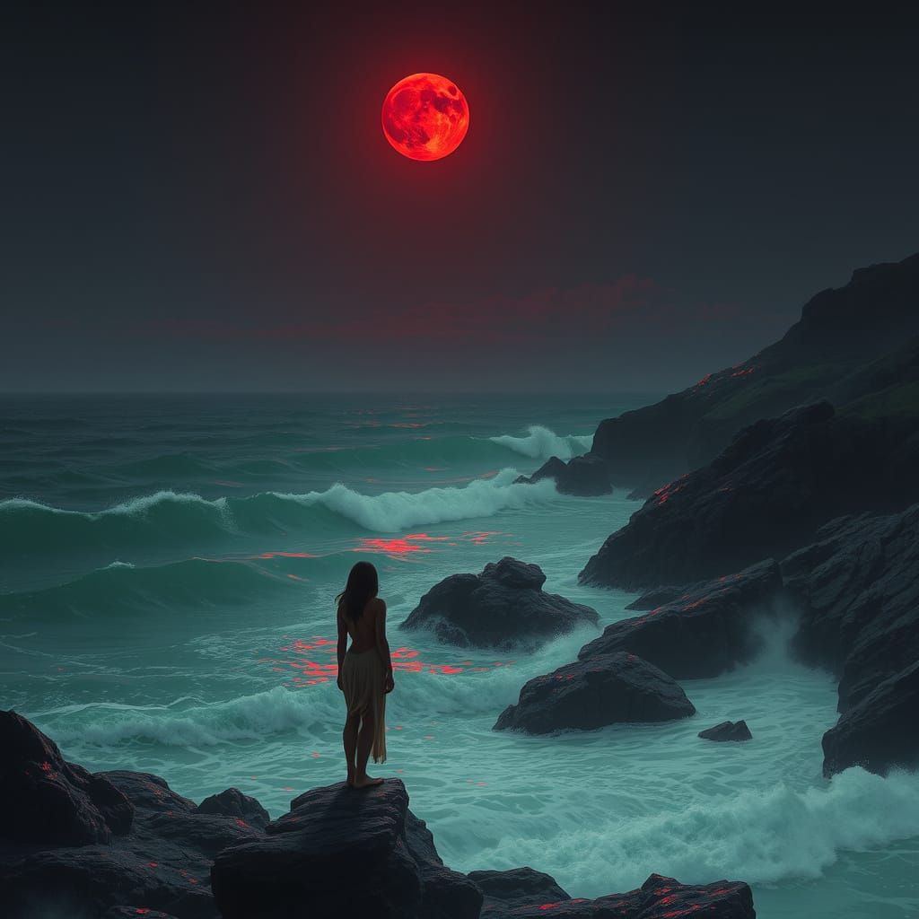 Woman on Coastline Under Red Moonlit Sky