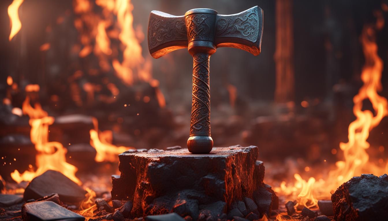 Fiery Anvil and Hammer with Ancient Design