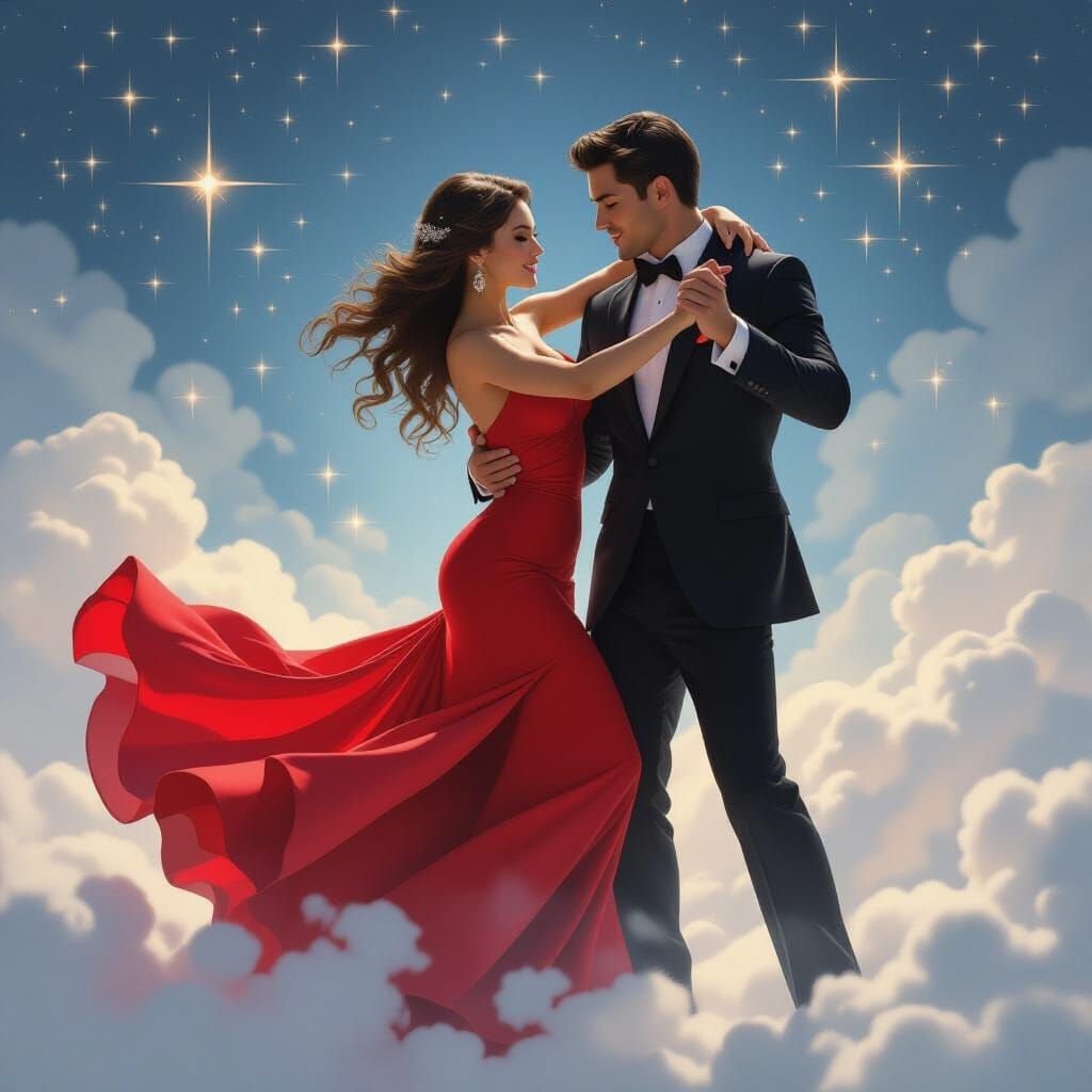 Woman Dancing Salsa Among Stars in Ethereal Landscape