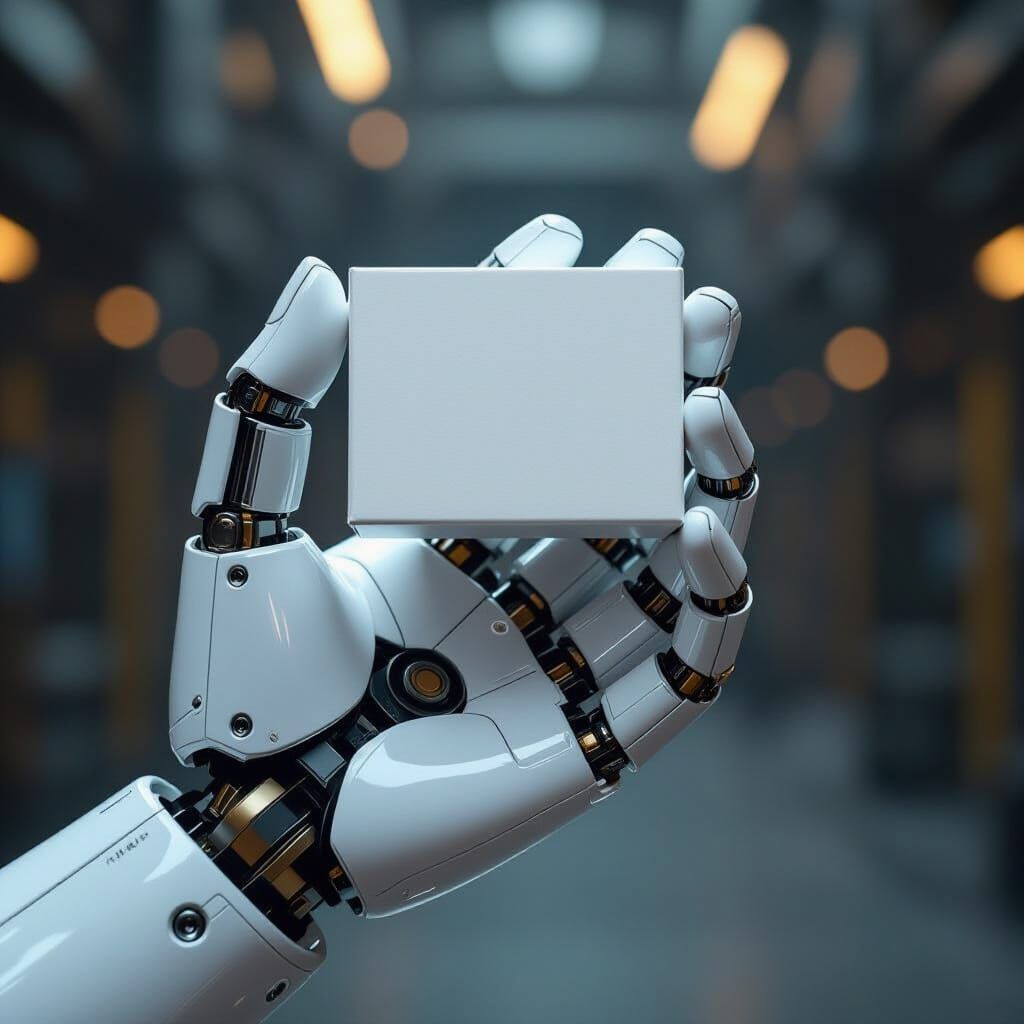 Sleek Metallic Robot Hand Holds White Box
