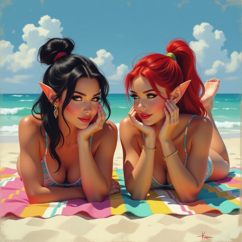 Elven Women on Beach in Fantasy Oil Painting Style