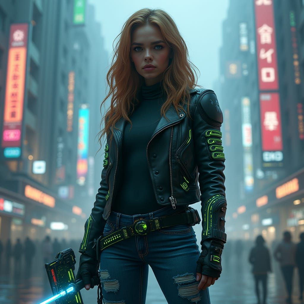 Cyberpunk Hermione Granger in Neon-Lit Metropolis