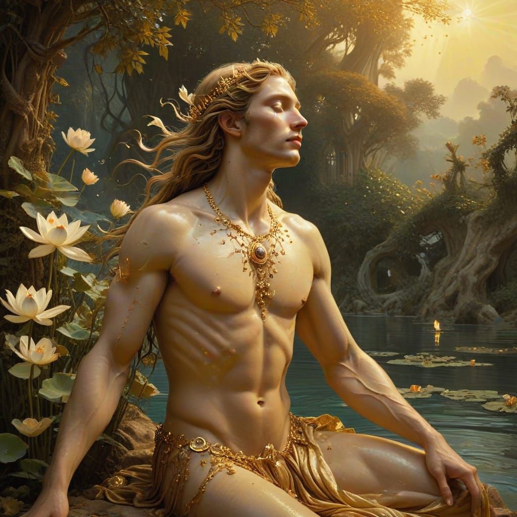 Serenely Standing Figure in Ethereal Golden Mist