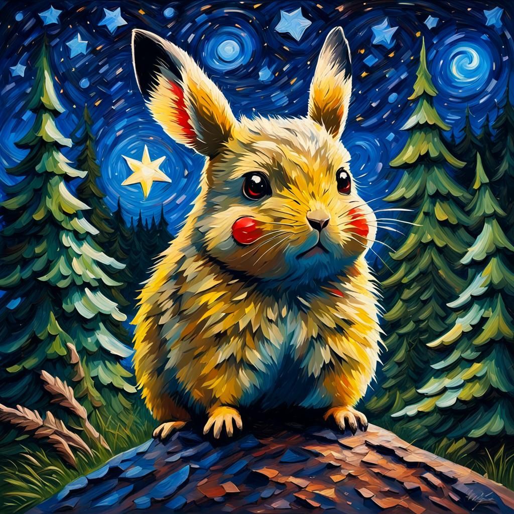 Pika in Starry Forest: Impasto Oil Painting
