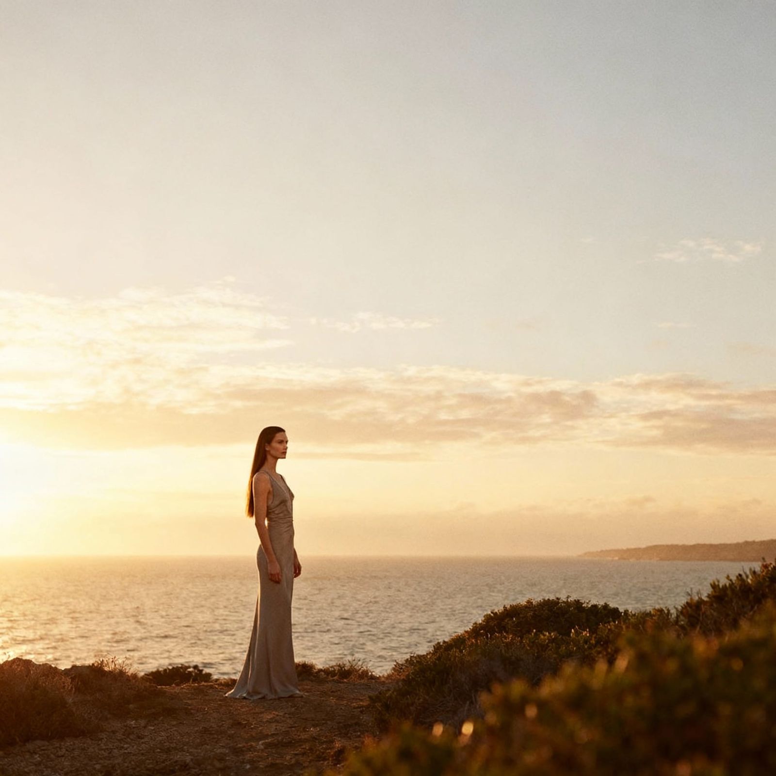 Elegant Woman by the Sea at Sunset