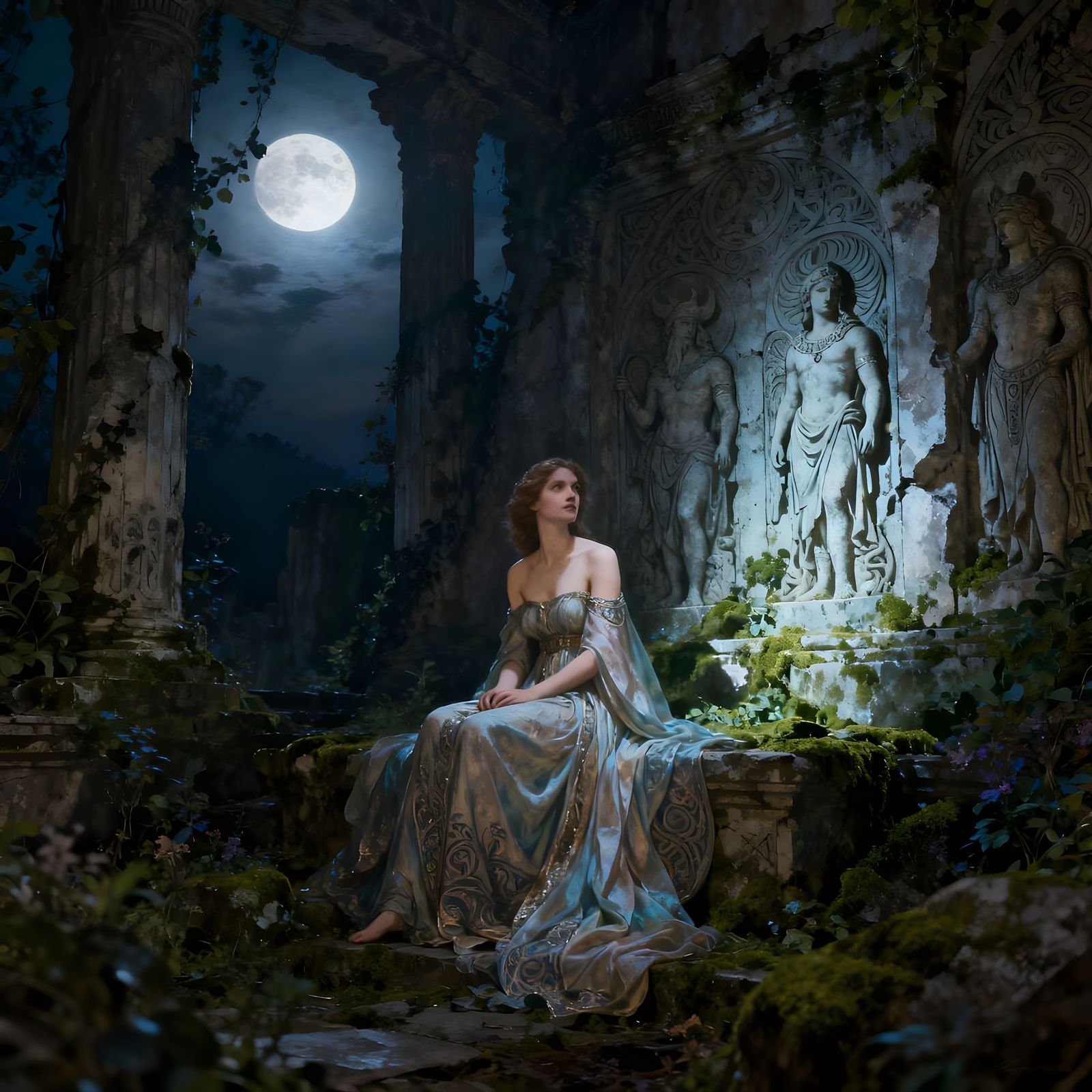Norse Goddess in Moonlit Ancient Temple