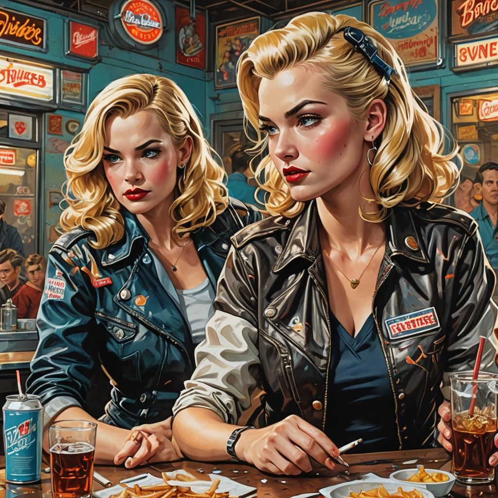 Beautiful Riveters in 1945 Diner, Graffiti Art Style