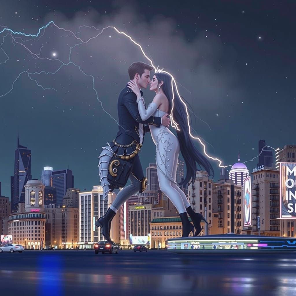 Futuristic Lovers Kiss in Neon Cityscape