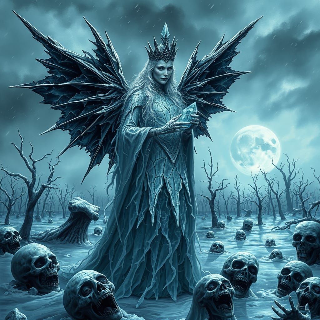 Majestic Snow Queen Reigns Over Frozen Wasteland in Dark, Go...