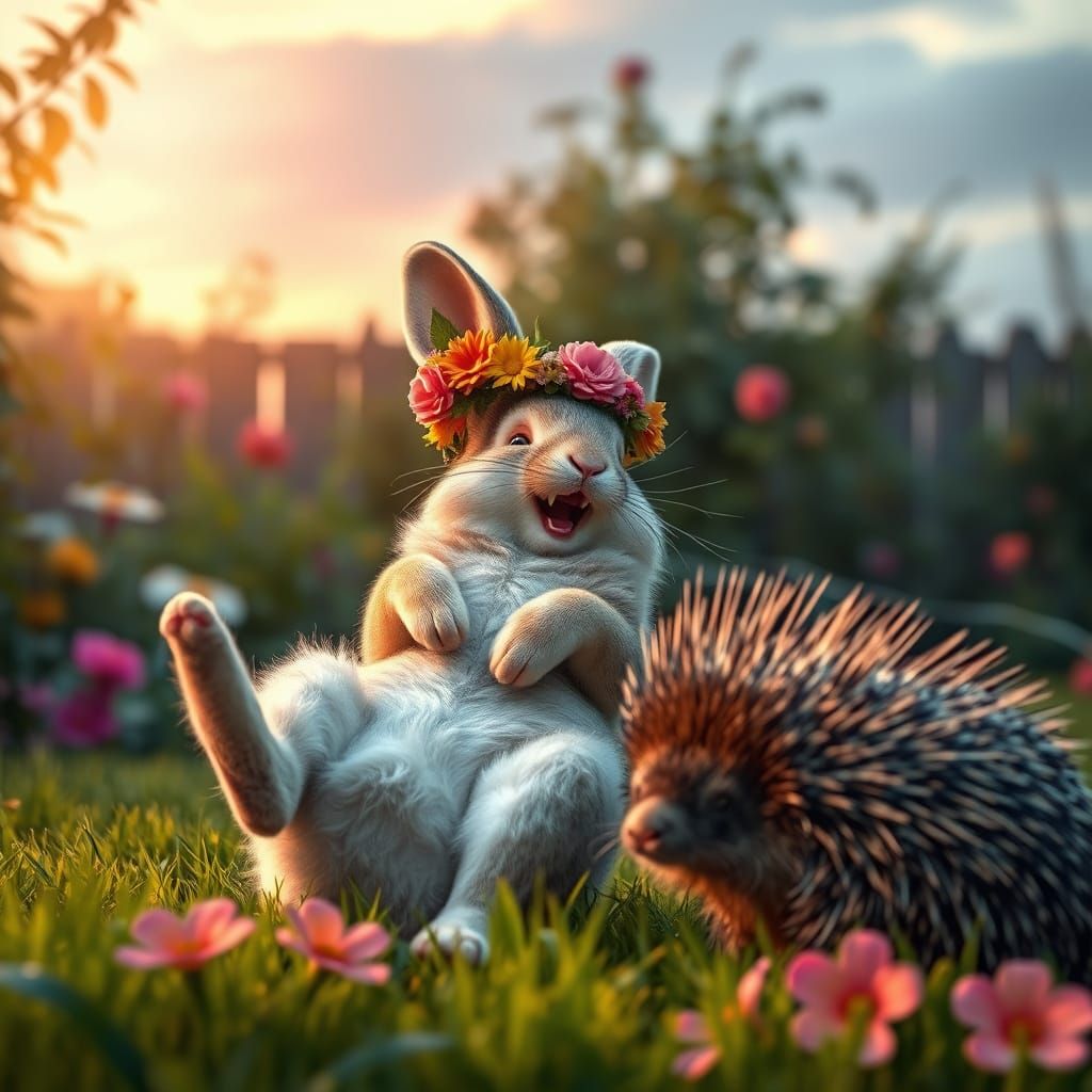 Bunny and Porcupine in Surreal Garden
