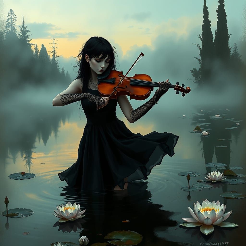 Goth Girl Serenades the Misty Lake