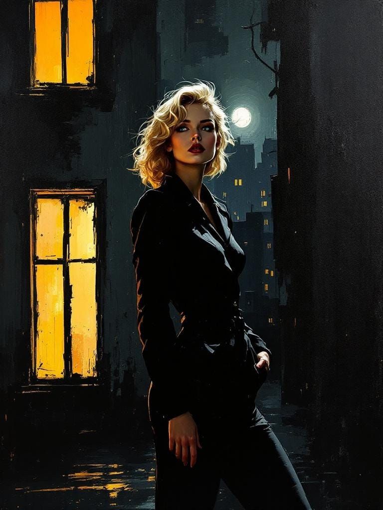 Film Noir Woman in Cityscape with Impasto Architecture