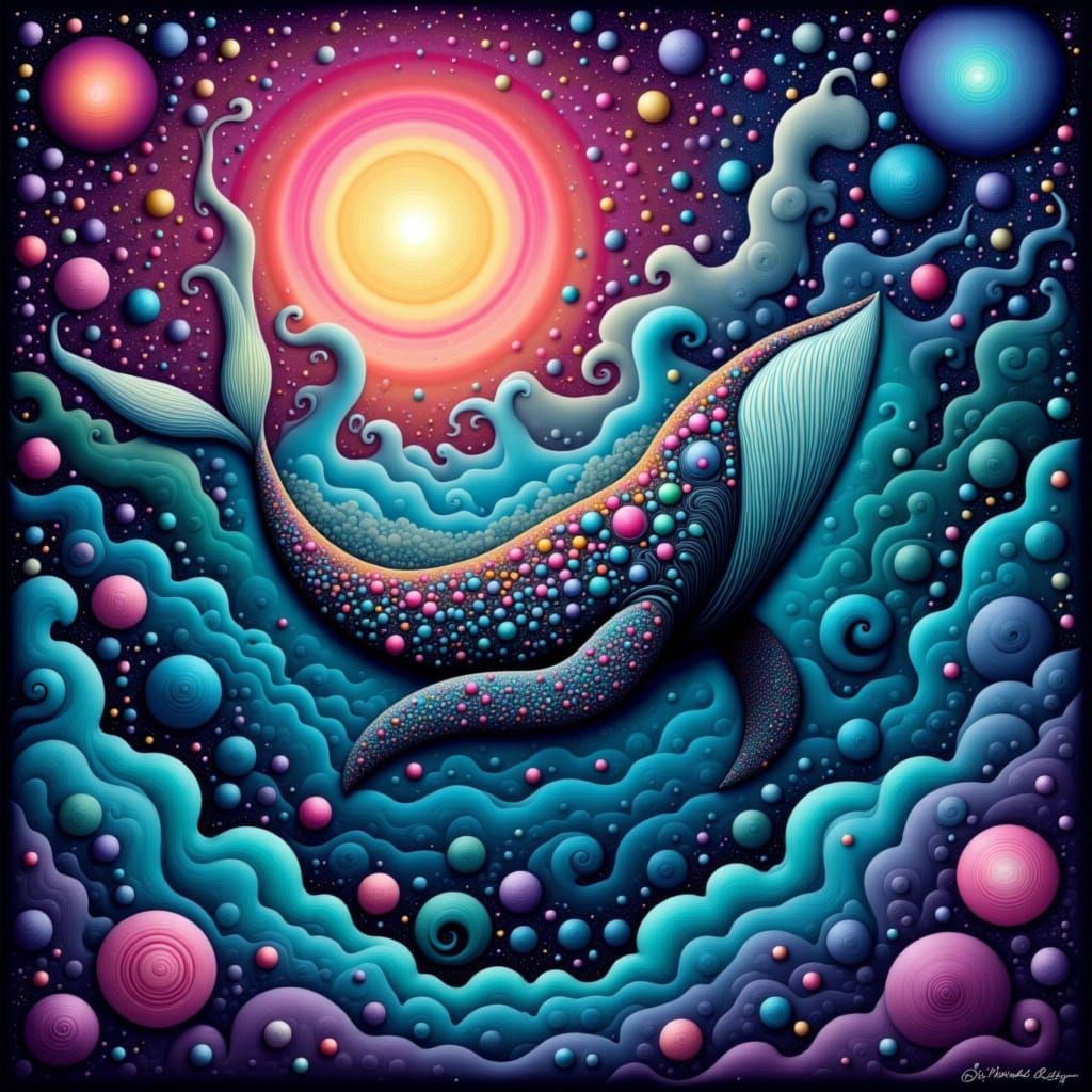 Surreal Whale in Cosmic Nebula with Glowing Runes