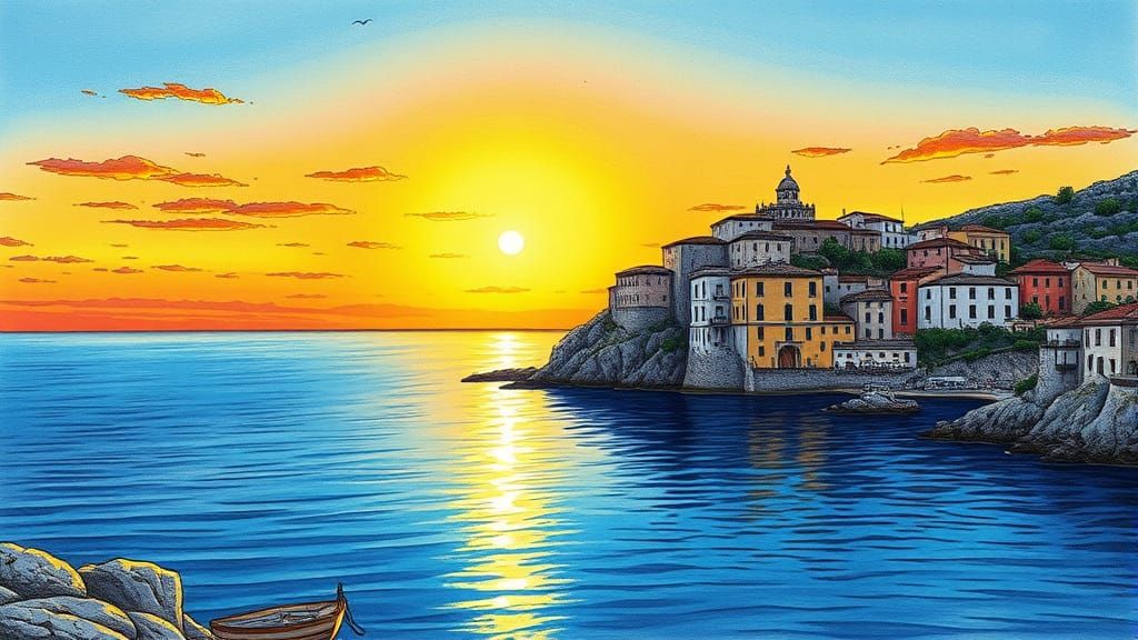 Sicilian Island Landscape at Sunset in Vibrant Markers