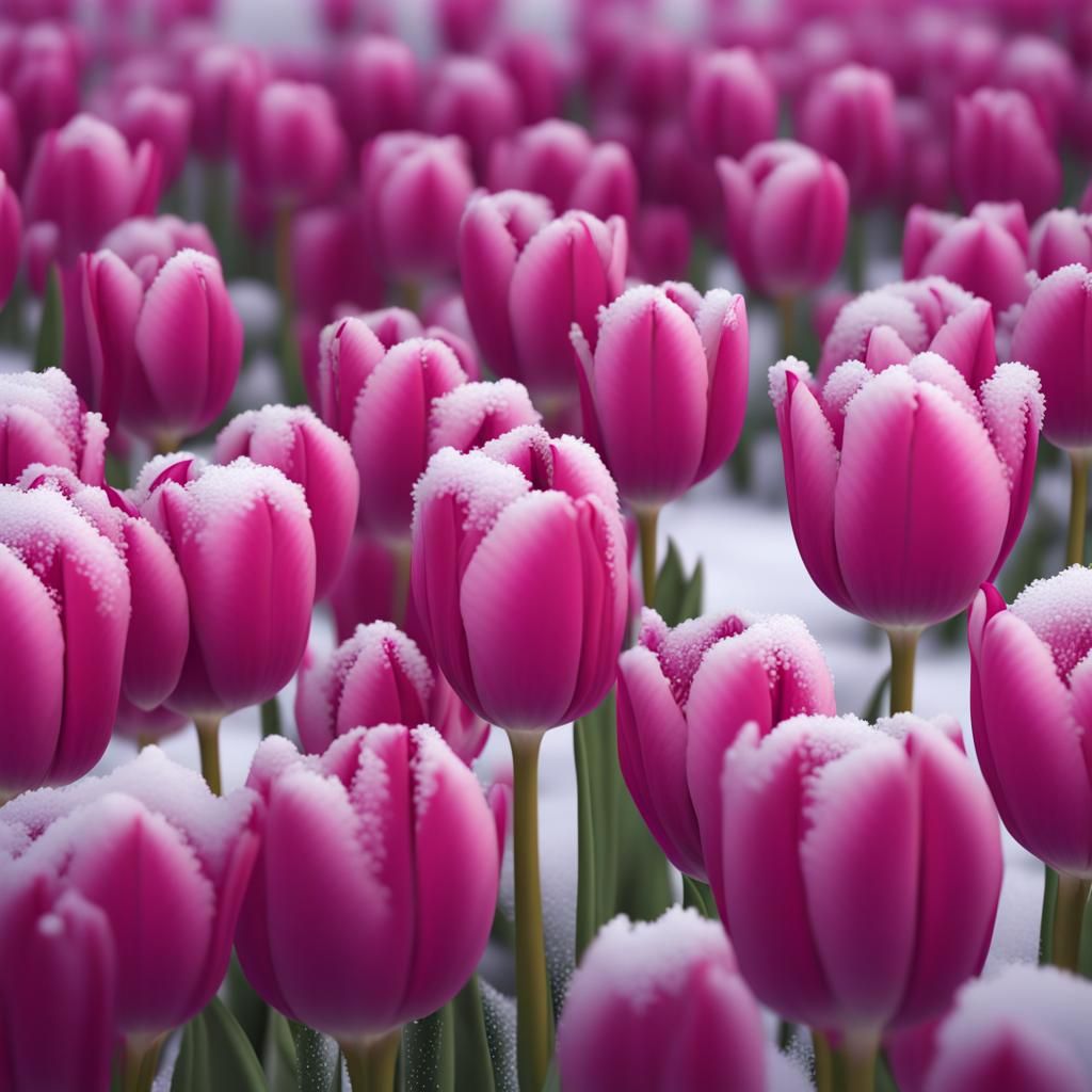 Magenta Tulips Bloom in Winter Snow, Detailed Painting