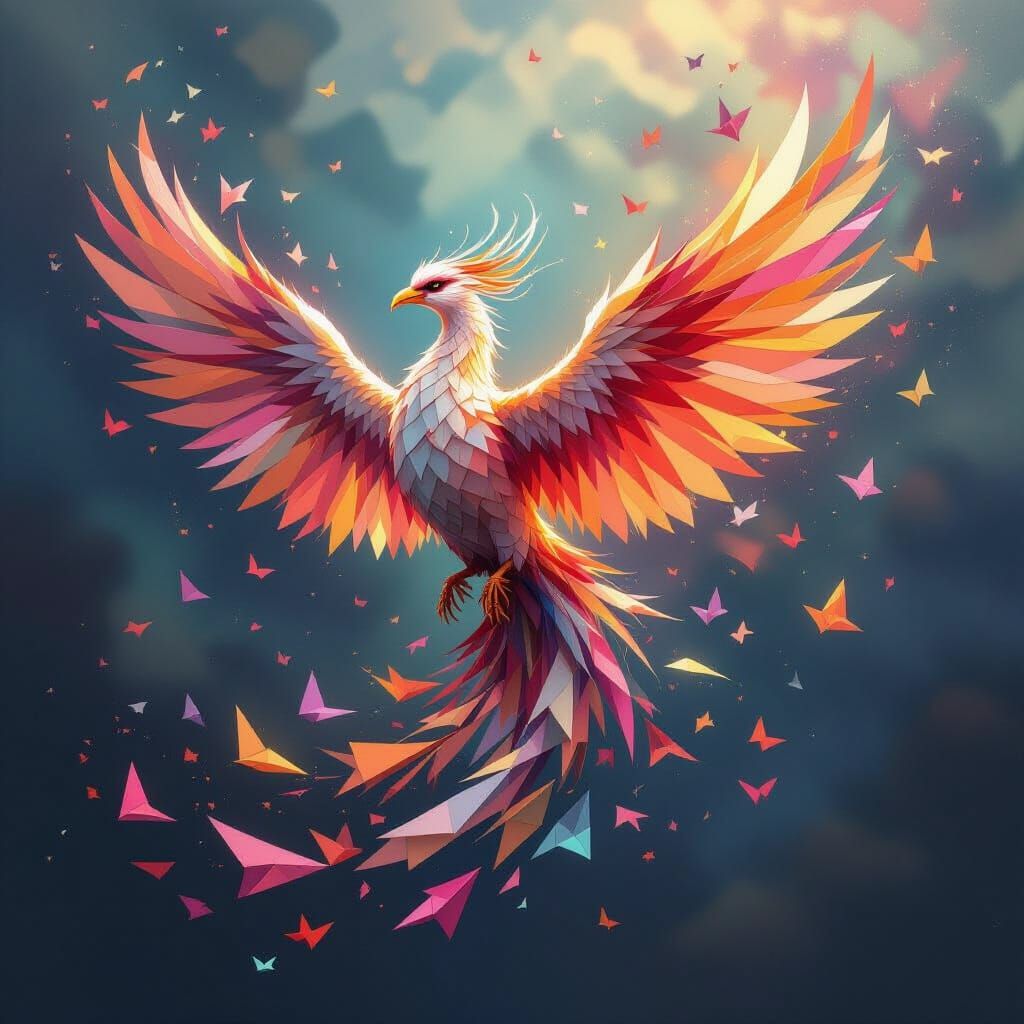 Phoenix Rebuilt from Dreams in Colorful Surrealism