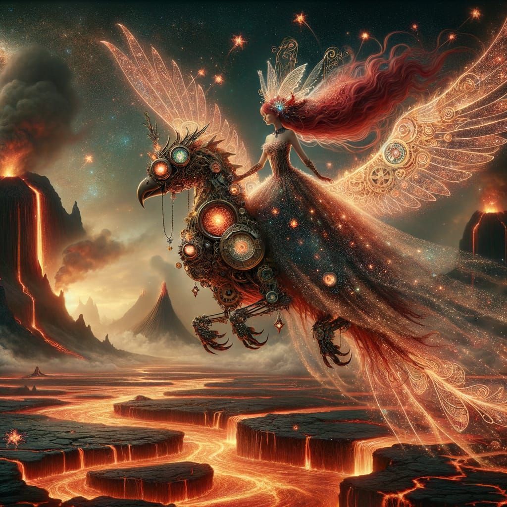 Gothic Fairy Rides Clockwork Phoenix in Volcanic Landscape