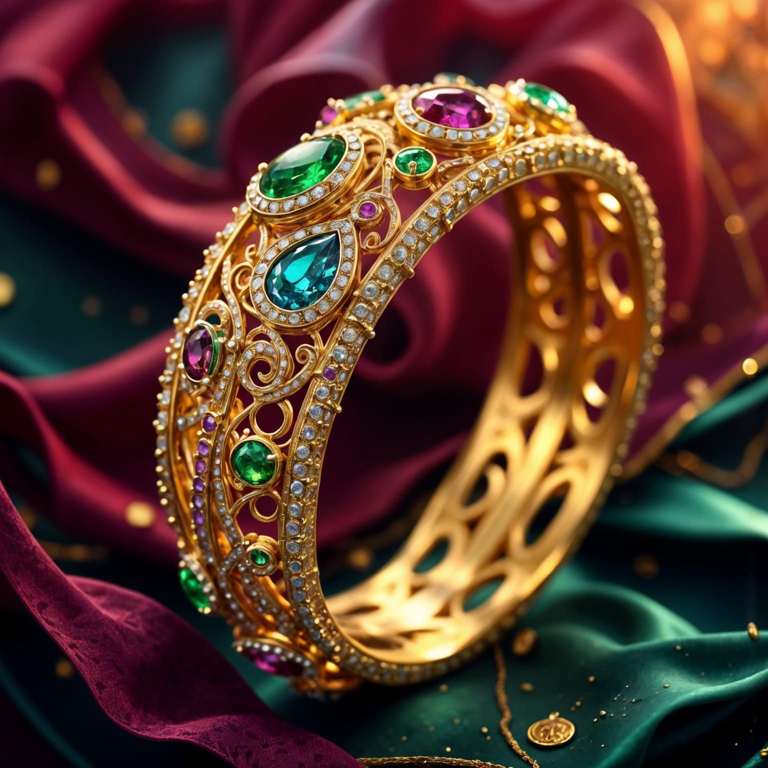 Luxurious Gold Bracelet with Gemstones in Hyperrealistic Det...