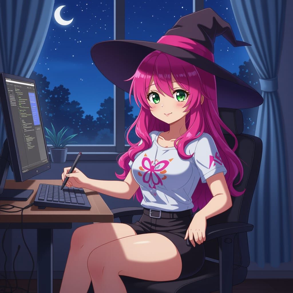 Young Witch Drawing on Tablet in Anime Style