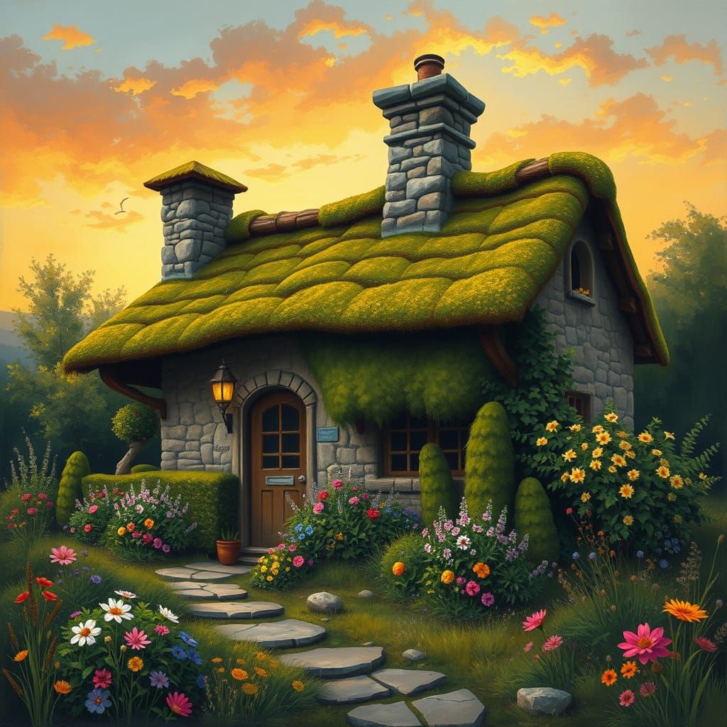 Whimsical Cottage in a Golden Sunset