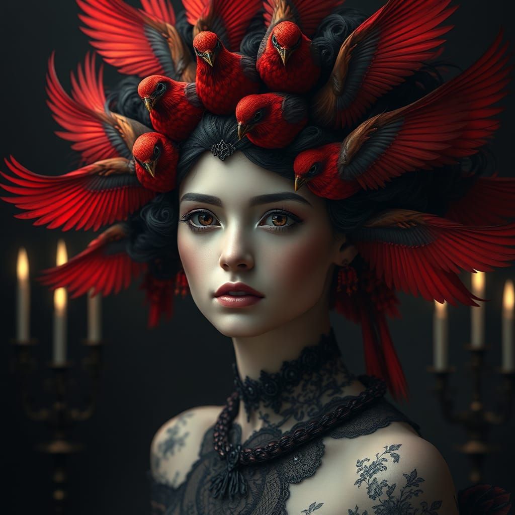 Woman with Bird Hair, Mystical Dark Fantasy