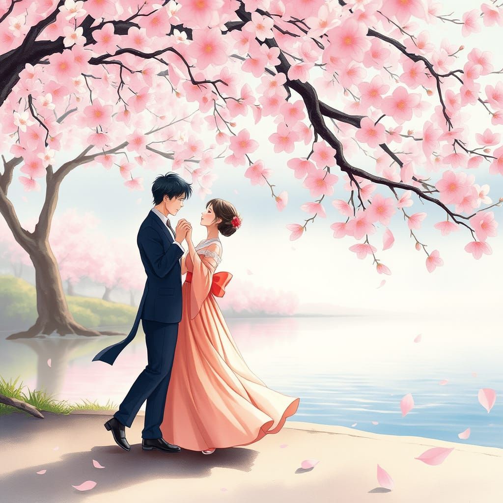 Japanese Couple Waltzing Under Cherry Blossoms