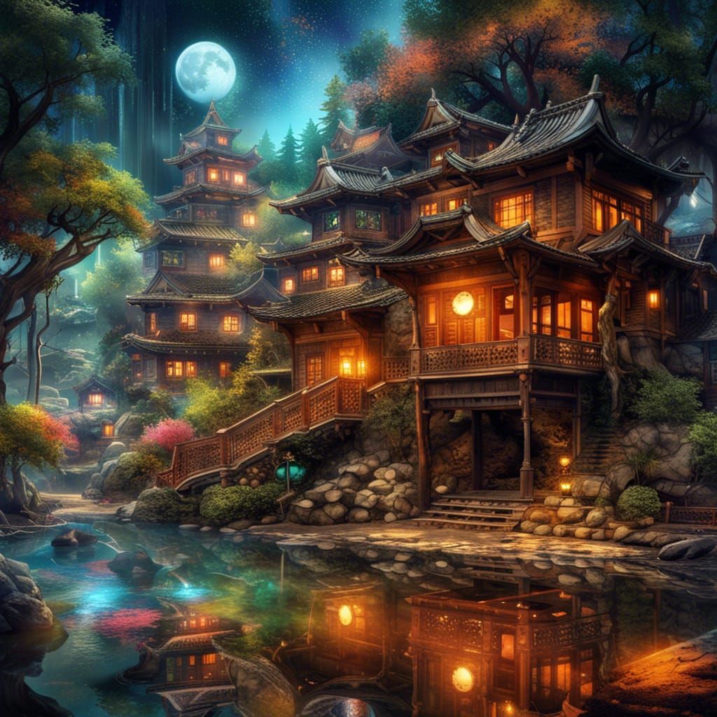 Enchanting Japanese Village Reflecting Moonlight, Digital Ar...