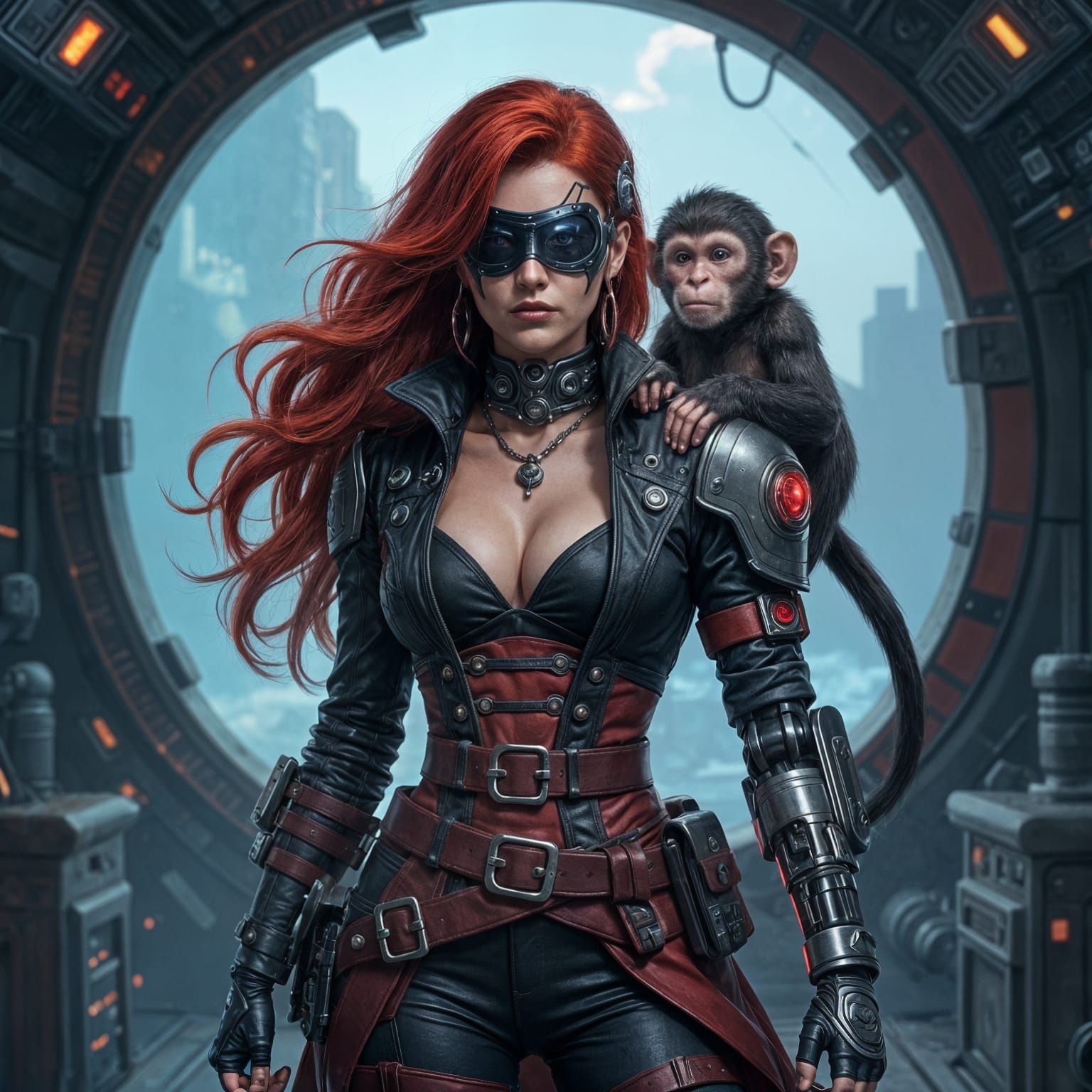 Space Pirate Woman With Cybernetic Leg and Android Monkey Co...