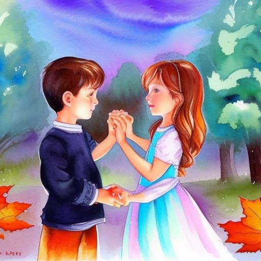 Watercolor Autumn: Girl and Boy in Slavic Village