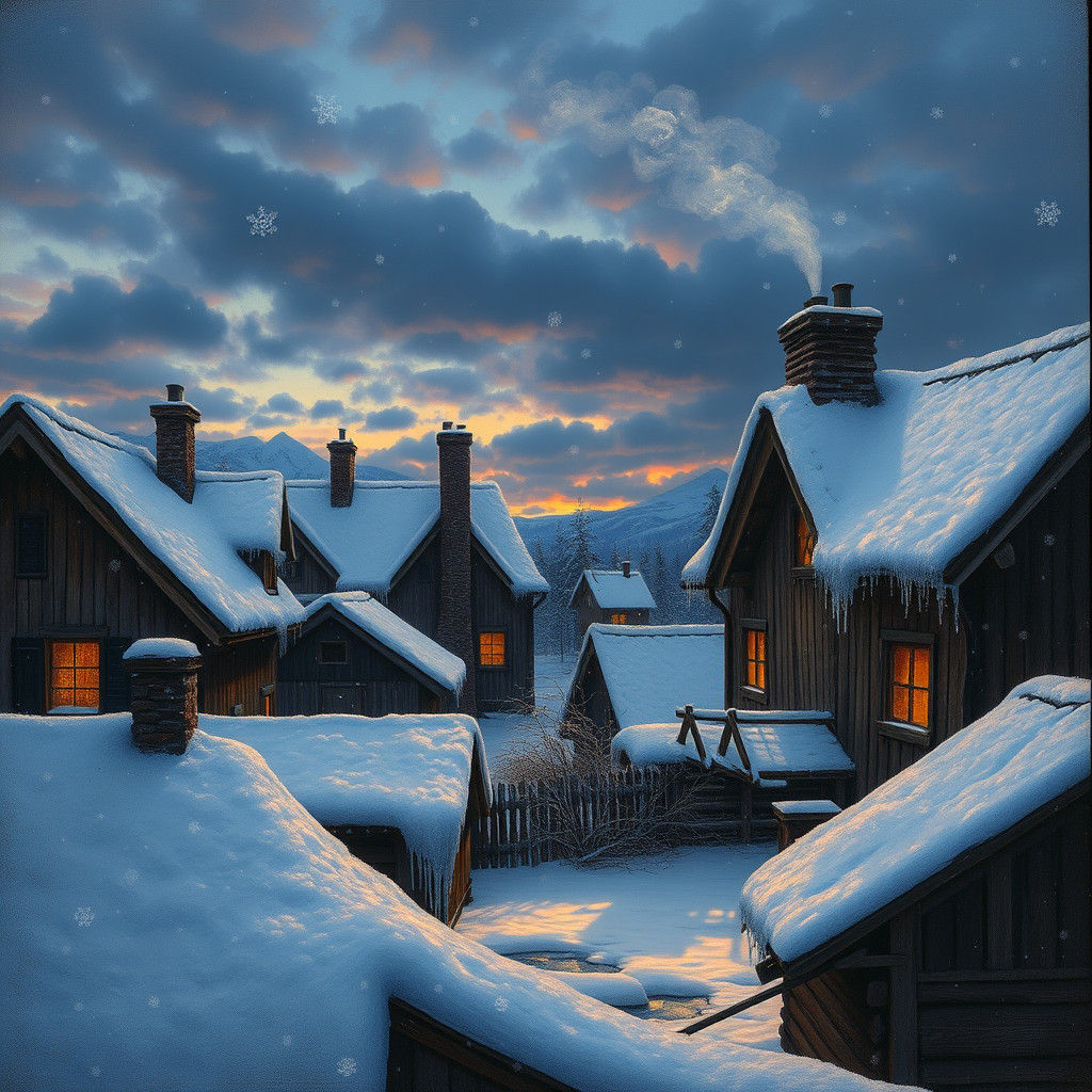 Snow-laden rooftops glisten under a twilight sky, the wooden houses huddled together like frightened children.