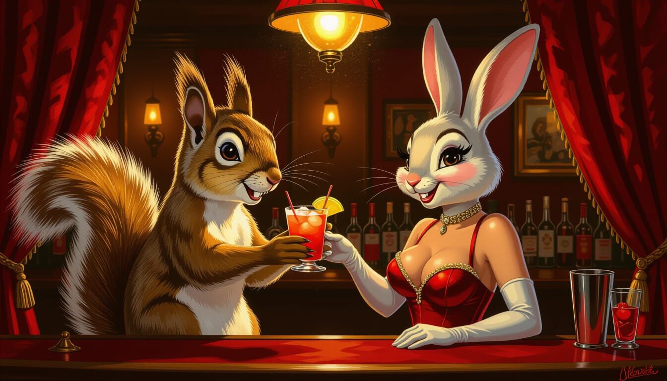 Squirrel and Bunny in Vintage Bar, Fosik Style