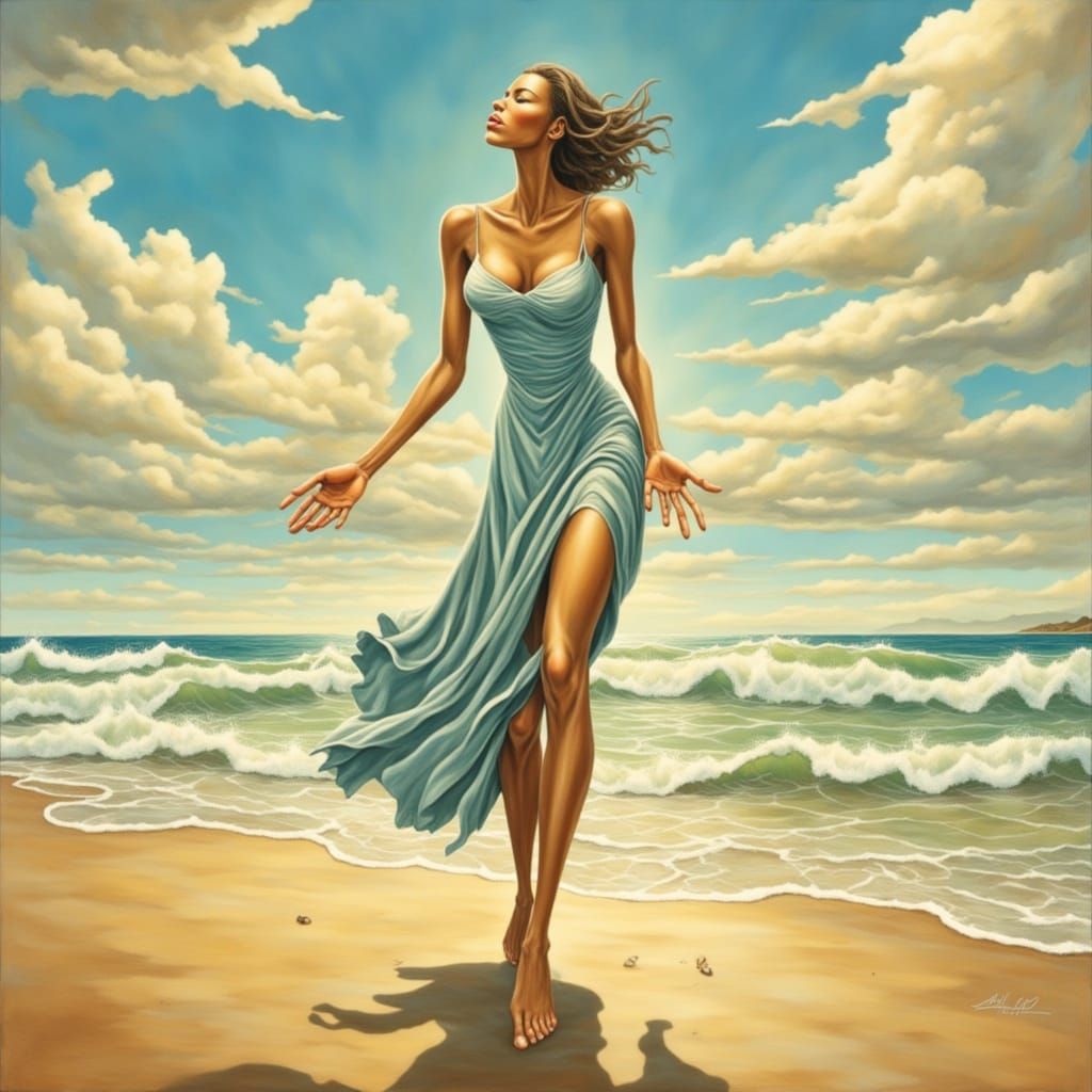 Serene Woman at Ocean's Edge in Dreamlike Style