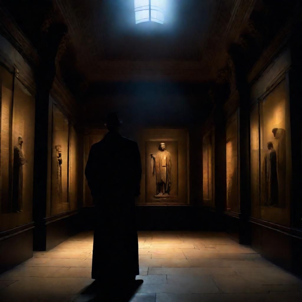 Mysterious Figure in Dimly Lit Museum: Film Noir Style